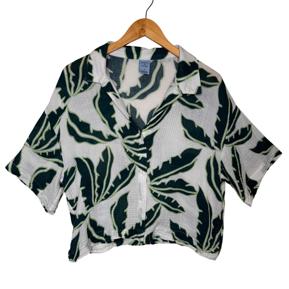 Shade‎ & Shore Tropical Leaf Gauze Shirt M Cotton Short Sleeve Beach Cover Up